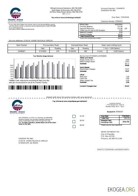 Modèle de facture de services publics d'entreprise USA Arizona Chandler aux formats Word et PDF